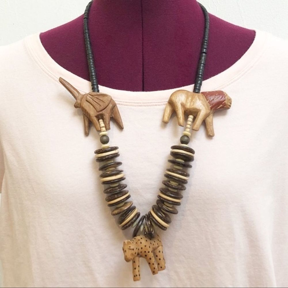 Vintage African Animals Safari Wood Wooden Statement Bohemian Necklace